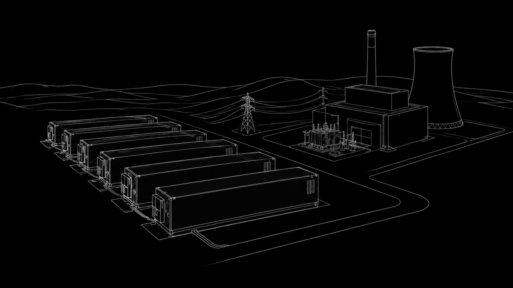 Line drawing of Helios data center halls lined up beside a power plant and substation