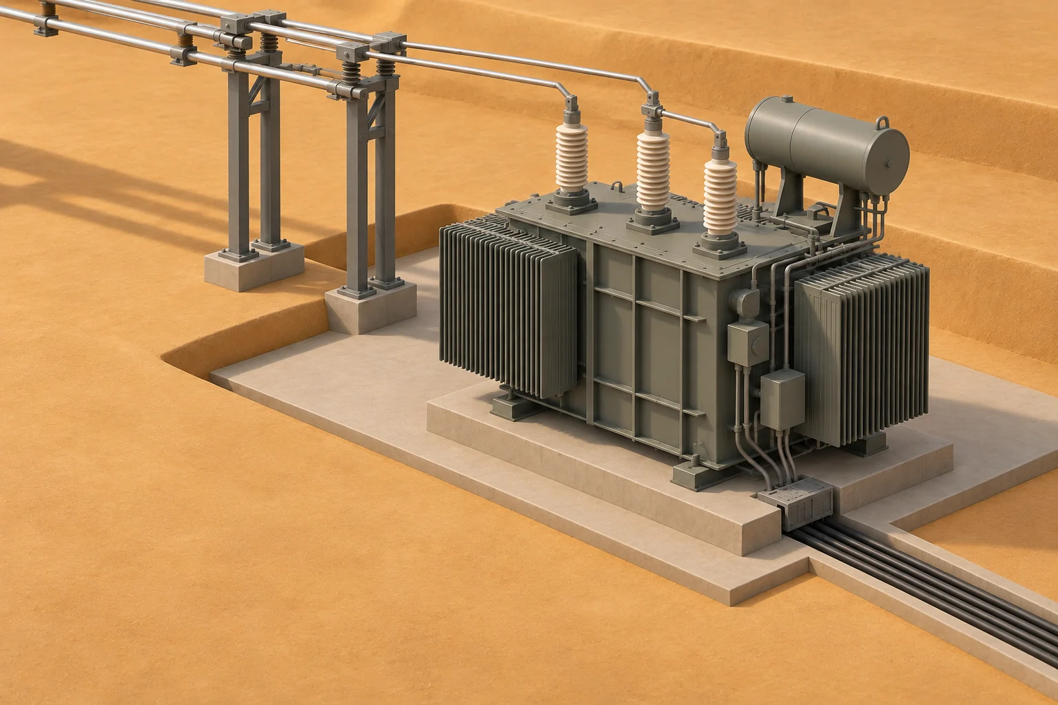 Architectural miniature of a transformer connecting an incoming electrical bus to an outgoing cable trench