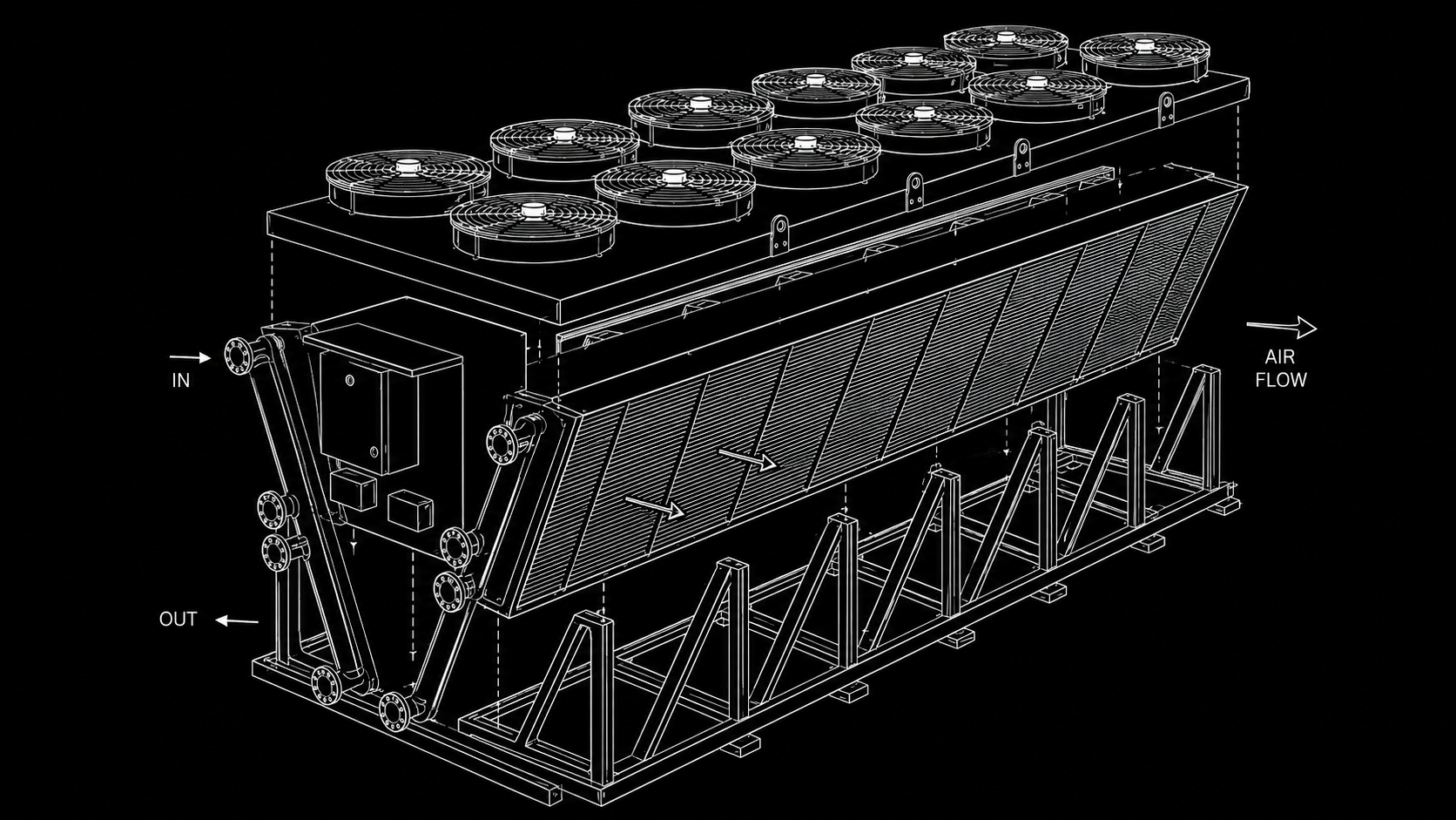 Line drawing of a dry cooler — closed-loop heat rejection with top-mounted fans, air flow in and out
